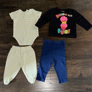Yellow/Blue/Green Striped Onesie & Footed Pants Set & Cupcake Sweatshirt/Sweats